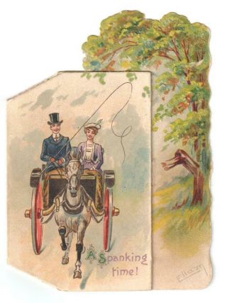 Vintage Ellam Die Cut/pop - Up Christmas Card Lady Gent Horse & Carriage Wreck