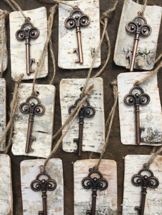 Antique Vintage Key Bottle Openers With Birch Bark Tags Rustic Wedding Favor