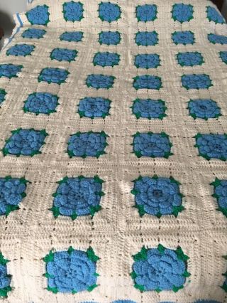 Vintage Crocheted Afghan Off White Granny Squares Blue Flowers 82 X 56 Large