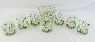 Vintage Clear Glass Ice Bucket With 7 Glasses Hand - Painted Daisies