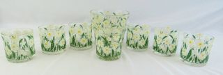 Vintage Clear Glass Ice Bucket With 7 Glasses Hand - painted Daisies 2