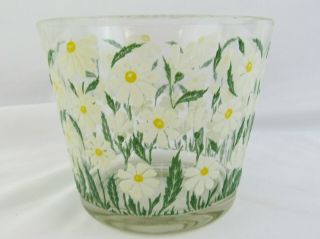 Vintage Clear Glass Ice Bucket With 7 Glasses Hand - painted Daisies 4