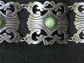1920 ' s 1940 ' s Mexico Silver Art Deco Hinged Panel Link Bracelet Sterling Jade 3