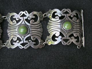 1920 ' s 1940 ' s Mexico Silver Art Deco Hinged Panel Link Bracelet Sterling Jade 4