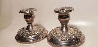 2 ANTIQUE STERLING SILVER CANDLESTICKS - S KIRK & SONS - WEIGHTED BASES - 3.  5IN - NR 2