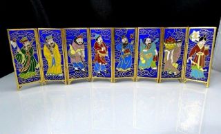 Vintage Miniature Folding Screen Eight Chinese Immortals Cloisonné Lapis Gold