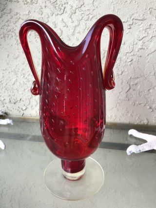 Vintage Murano Italian Red Double Red Handle Art Glass Vase Tall