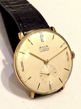 Vintage Huge Dial Gold Plated Swiss Avia 17 Jewel Mens Watch