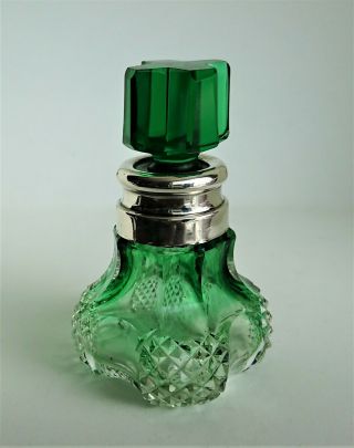 Silver Banded,  London 1905,  Green Cut Glass Perfume Bottle.  Height 70mm