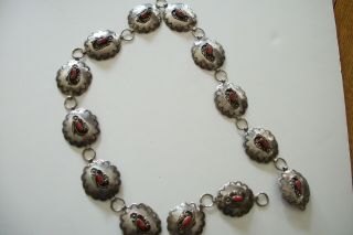 Vintage Navajo Sterling Silver Concho & Coral Belt Stamped " D.  & J.  Navajo "