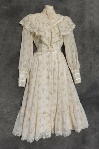 Gunne Sax Vintage Edwardian Prairie Victorian Boho Dress Sz 9 Lace Satin Floral
