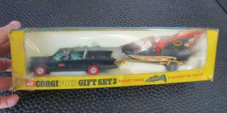 Vintage Corgi Batmobile (red Tires) & Batboat On Trailer Gift Set W/ Bo