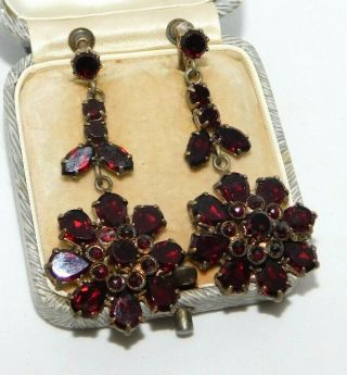 Antique,  Art Deco Czech Bohemian Red Garnet Paste Glass,  Flower Earrings