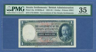 1934 The Government Of Straits Settlements King George V $1 Pmg 35 Stains Rare