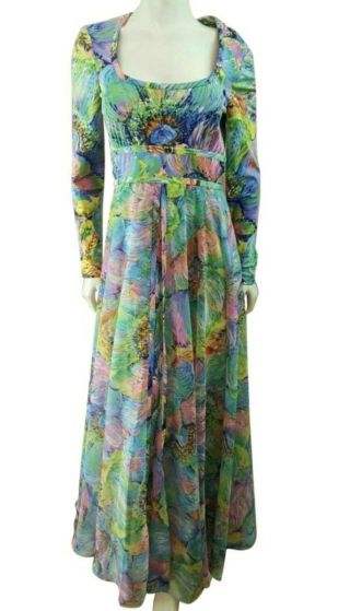 Vtg Don Luis De Espana Sz 10 M/l 70s Psychedelic Floral Layered Maxi Dress Gown