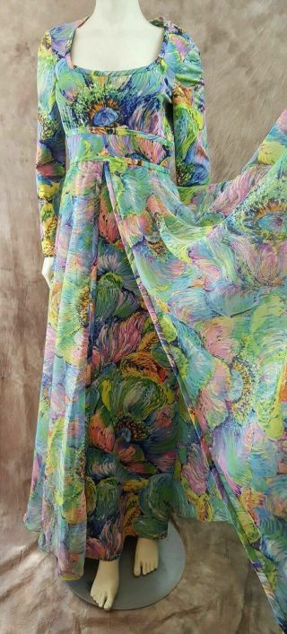 VTG Don Luis de Espana Sz 10 M/L 70s Psychedelic Floral Layered Maxi Dress Gown 2