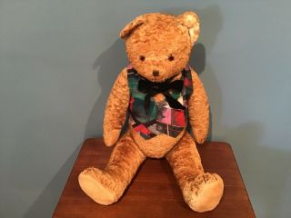 29” Antique Tall Curly Mohair Jointed Light Brown Teddy Bear With Button Vest