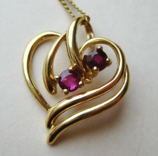 Vintage 14k Yellow Gold Red Ruby Gemstone Heart Necklace Pendant & Chain 3g