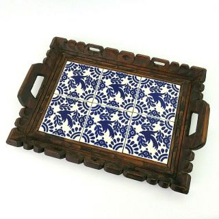 Vintage Large Mexican Tile And Hand Carved Wood Tray Blue And White