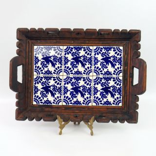 Vintage Large Mexican Tile and Hand Carved Wood Tray Blue and White 2