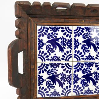 Vintage Large Mexican Tile and Hand Carved Wood Tray Blue and White 3