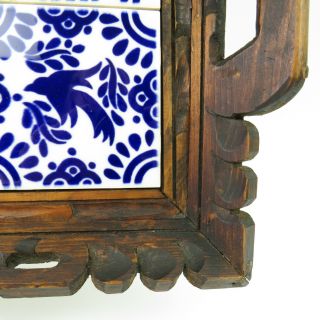 Vintage Large Mexican Tile and Hand Carved Wood Tray Blue and White 4
