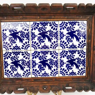 Vintage Large Mexican Tile and Hand Carved Wood Tray Blue and White 5