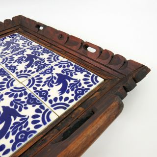 Vintage Large Mexican Tile and Hand Carved Wood Tray Blue and White 8