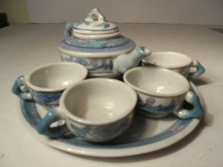 Vintage Minature Tea Set 7 Piece China Pot W/ Lid Cups & Saucer Tray Antique Toy