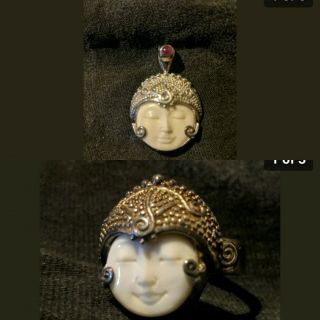 Vintage Sajen Carved Moon Face Ring Sterling Silver Adj.  5.  5g And 5.  5g Pendant