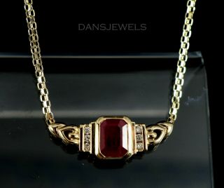 Vintage Estate 14k Yellow Gold 8x6 Ruby & Diamond Style Drop Bar Necklace