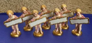 7 Germany Porcelain Vintage Place Cards: Girl Figurines Wearing Ribbons: Htf