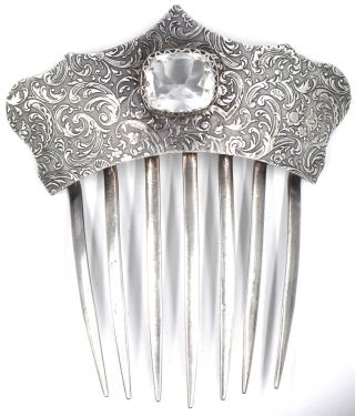 Antique Victorian Crowned Hair Comb Accessory Sterling Silver Jewelry Floral