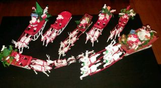 8 Plastic Vintage Christmas Santa And Sleigh With Reindeer