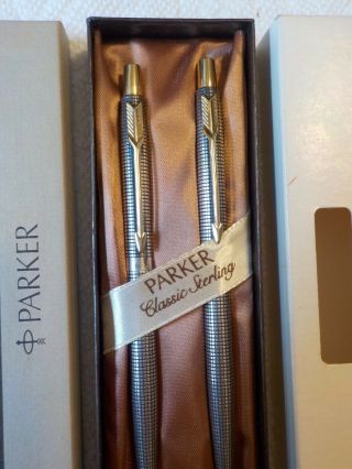 Vintage Parker 75 Cisele Sterling Silver Ballpoint Pen & Pencil Set Nos Boxed