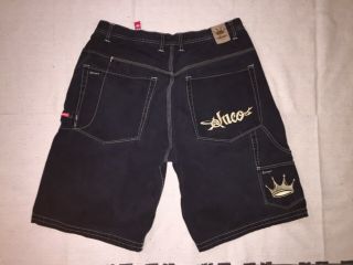 Vtg JNCO Skate Denim Jean Shorts Mens Black Embroidered Gold Crown Hip Hop 38 2