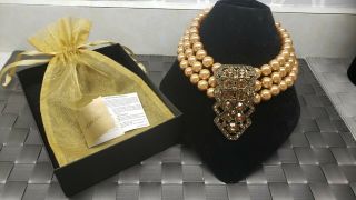 Nib Heidi Daus 3 Strand Gold Faux Pearl & Swarovski Crystal Necklace Choker