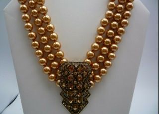 NIB Heidi Daus 3 Strand Gold Faux Pearl & Swarovski Crystal Necklace Choker 3