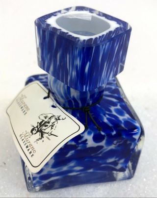 Vintage 4 " Authentic Murano Art Glass Blue White Square Perfume Bottle W/ Tags