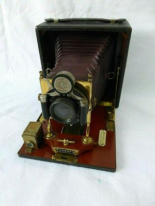Antique Victorian Folding Camera Century 43 Ny Leather Case Mahogany Wood Brass