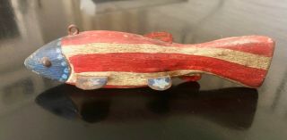 Wood Hand Carved 7 " Decoy Ice Spearing Fishing Patriotic Folk Art