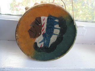 Vintage Small Toy Drum Hide Hand Paint Chief Head Dress Native American Cowboy