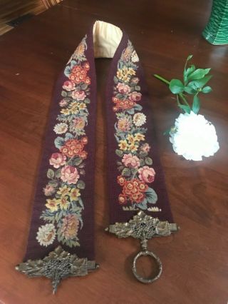 Vintage Victorian Floral Wool Needlepoint Bell Pull Brass Hardware W/ Grapes