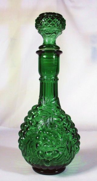 Vintage Green Genie Bottle Decanter Grapes Climbing Column Design