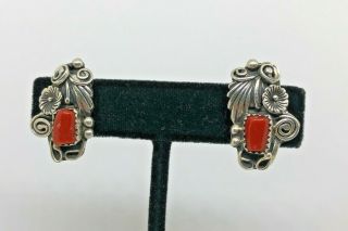 Vintage D.  F.  - Navajo Mediterranean Coral Sterling Silver Earrings / 7.  9g.  879