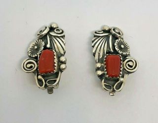 Vintage D.  F.  - NAVAJO Mediterranean Coral Sterling Silver Earrings / 7.  9g.  879 3