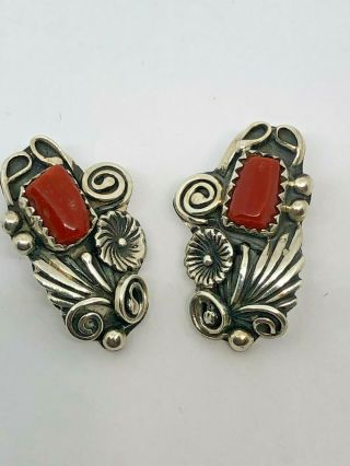 Vintage D.  F.  - NAVAJO Mediterranean Coral Sterling Silver Earrings / 7.  9g.  879 6