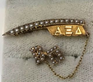 Vintage 10k Gold Alpha Xi Delta Sorority Quill Pin Seed Pearls Beta Pi Chapter