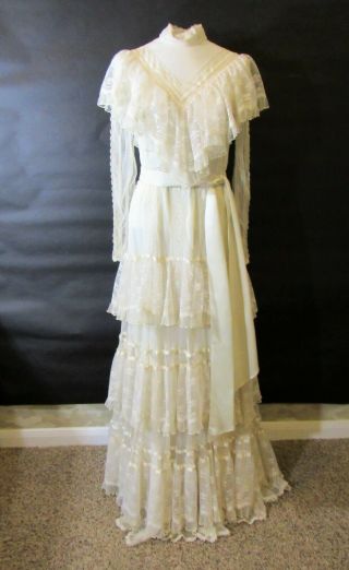 Vintage Gunne Sax Maxi Dress Ivory White Lace Ruffles Wedding S/m Bohemian Sz7
