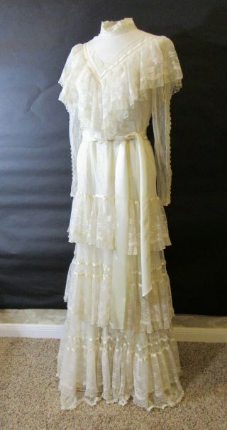 Vintage Gunne Sax Maxi Dress Ivory White Lace Ruffles Wedding S/M Bohemian sz7 2